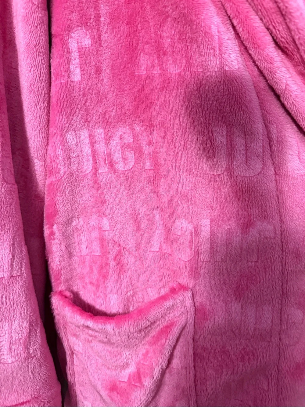 Pink Embossed Logo Fleece Hooded Plush Robe Belted Bathrobe